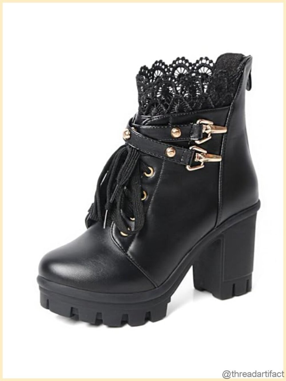Women Platform Ankle Booties Chunky Heel Lace Up Combat Boots Side Zipper